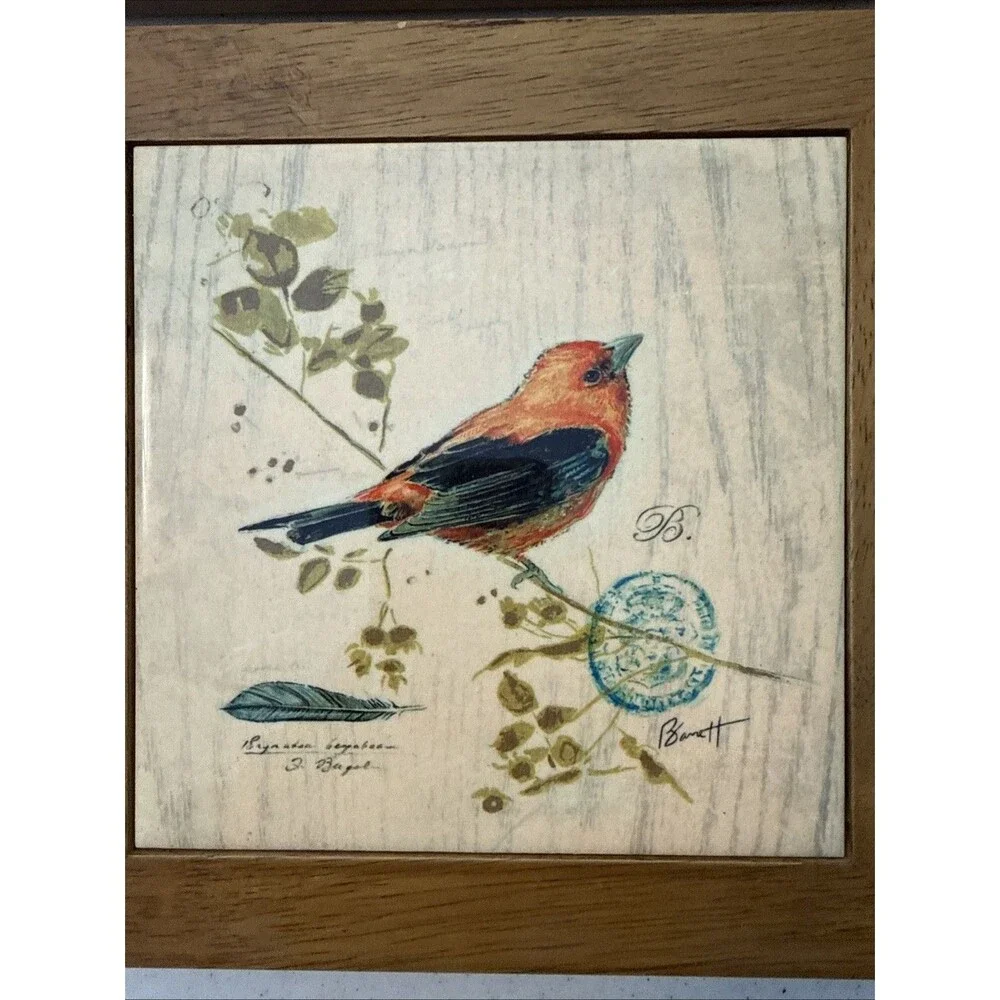 VTG Gilded Songbird 4 Chad Barrett  Art Tile Framed In Wood 8x8x .5”D Wall Decor